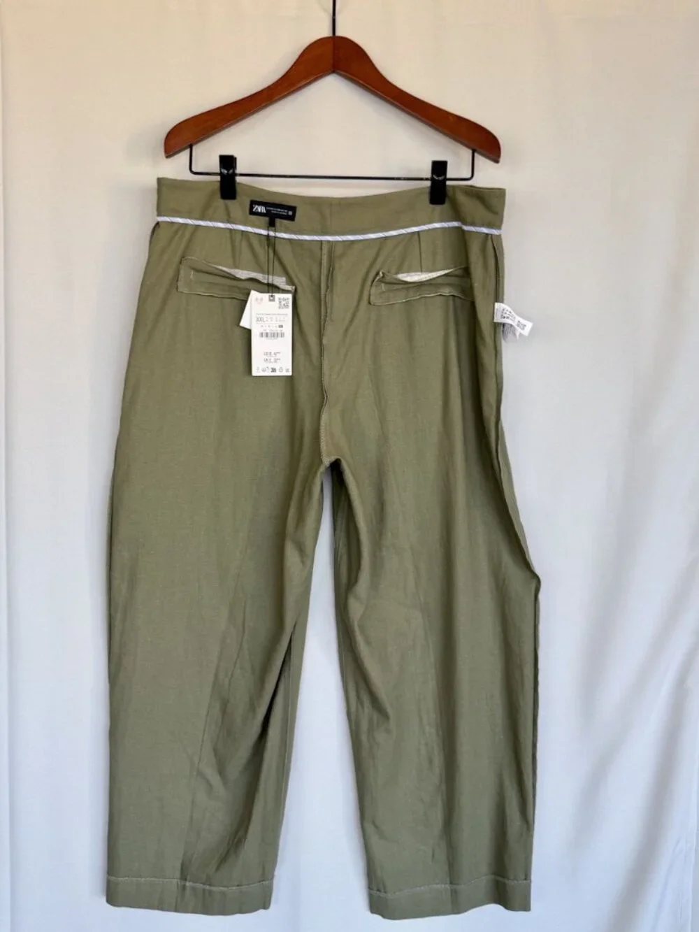 Zara Sage Green Linen Blend Pleat Front Barrel Crop Leg Trousers Size XXL NWT